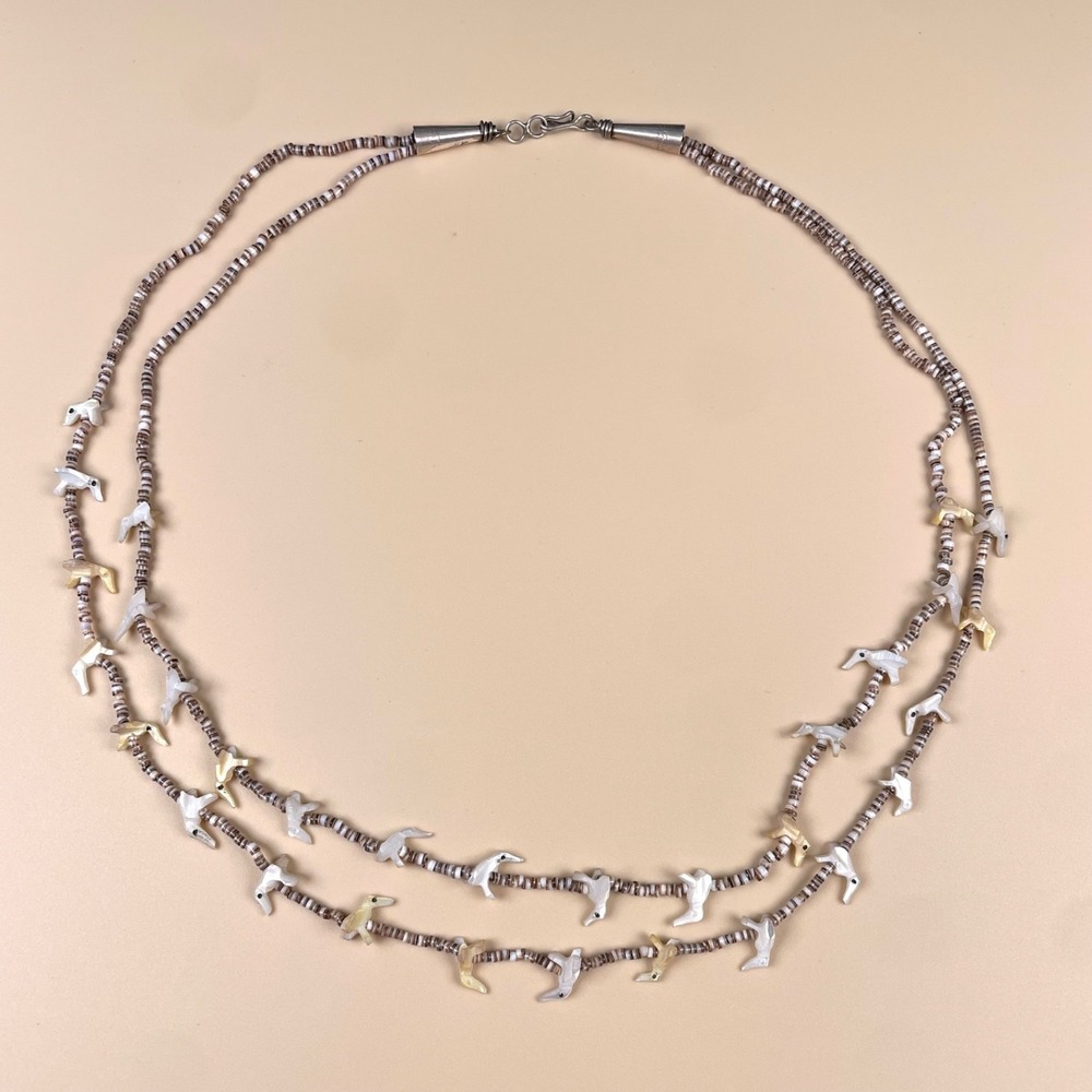 Zuni 2-Strand Mother-of-Pearl Heishi Bird Fetish‎ Necklace Vintage
